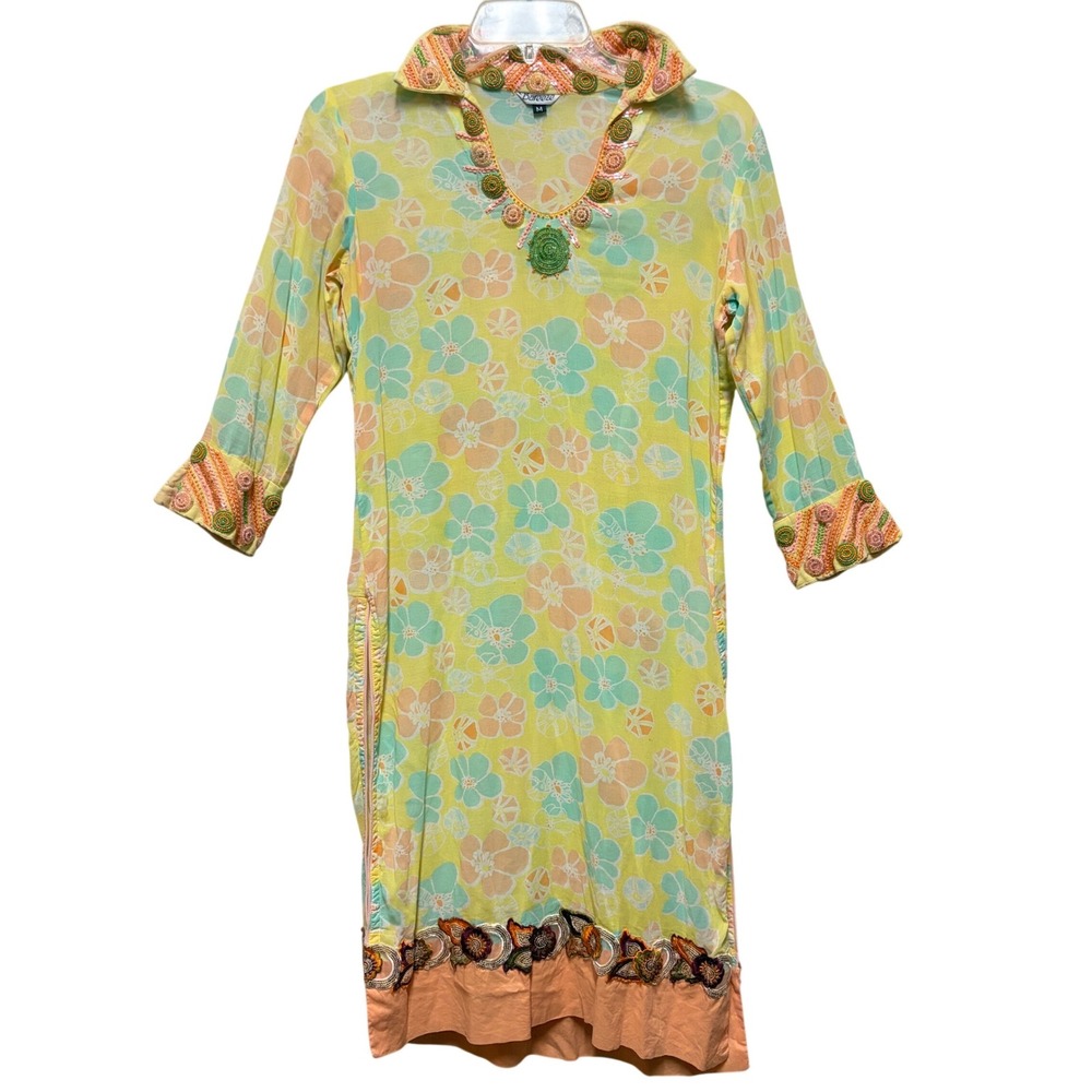 Bareeze Floral Beaded Tunic Dress Yellow Boho Viscose 3/4 Sleeve Medium